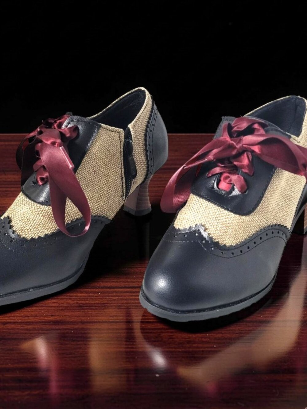 Women's Edwardian Vintage Oxford Heels with Ribbon Laces, Two-Tone Faux Leather